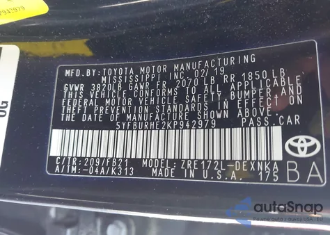 2019 Toyota Corolla Le из США, поврежденный, VIN 5YFBURHE2KP942979